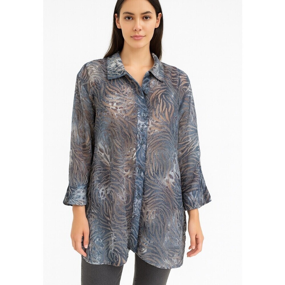 Erin London blouse top button up semi sheer zebra print blue plus SZ 3X career